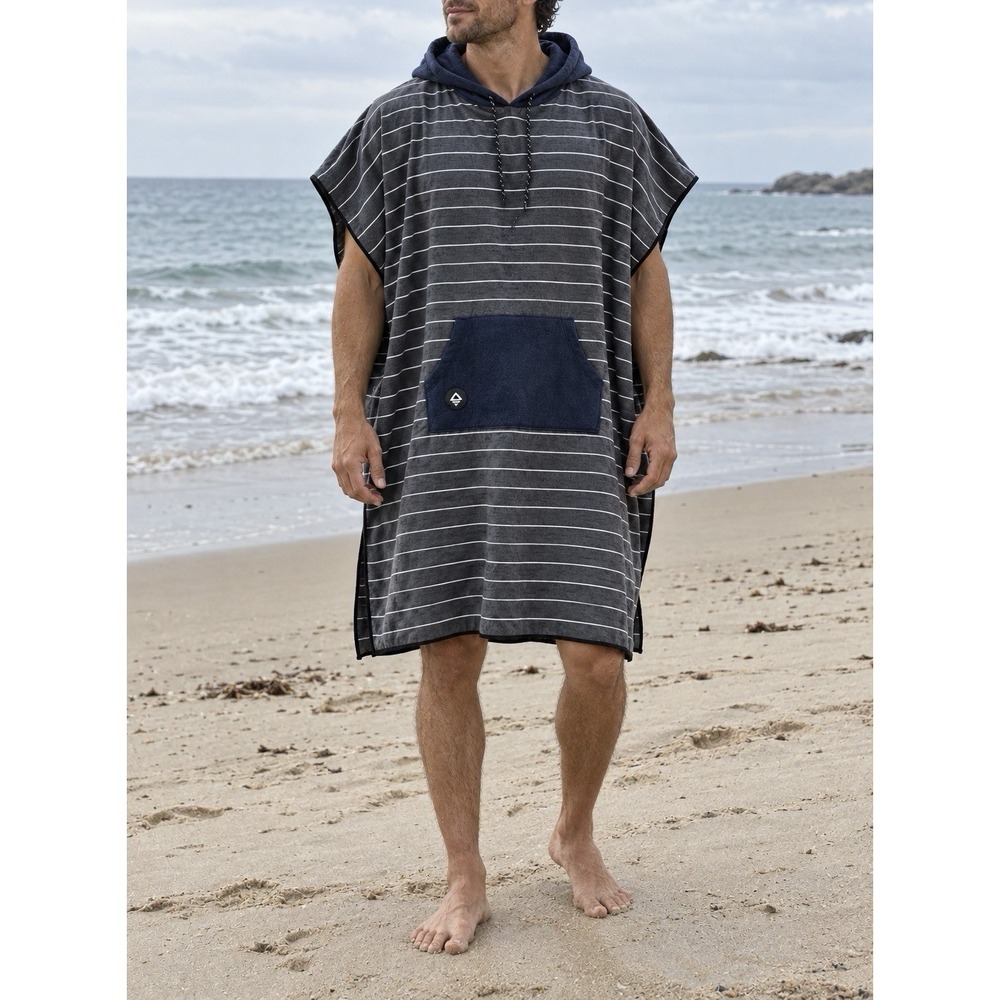 Nomadix Poncho Beach Towel Pinner Black 60x80 Hooded Surf Changing Striped NWT